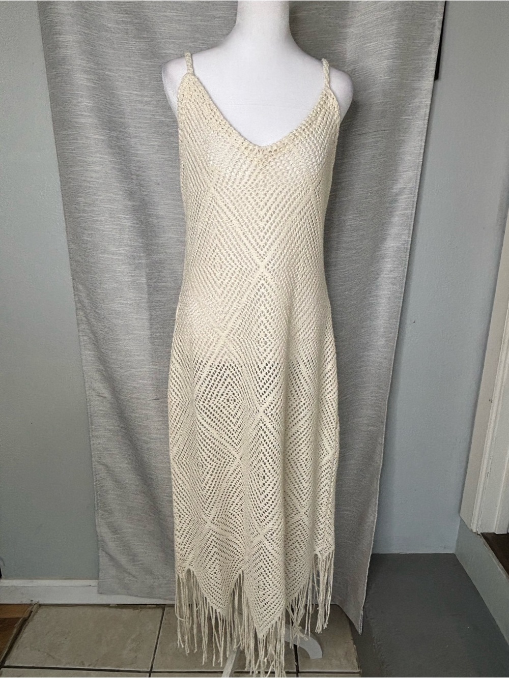 La Blanca Cream Crochet Fringe Maxi Dress